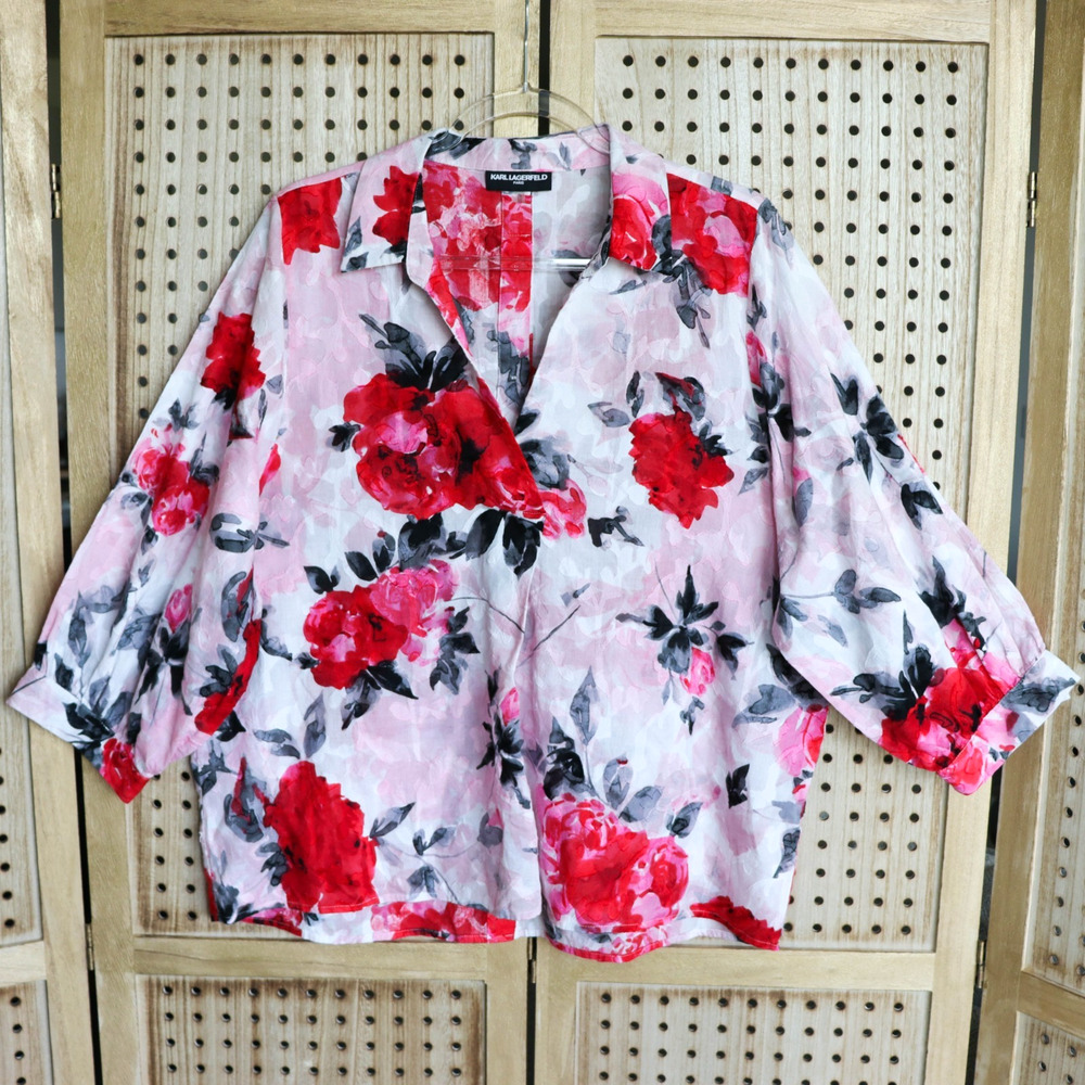 Karl Lagerfeld Womens Floral Cotton Collared Button Blouse 3/4 Sleeve SIZE XL